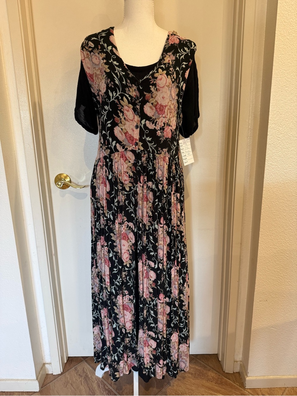90s Vintage Black Maxi Dress with Pink Floral Print and V-Neck